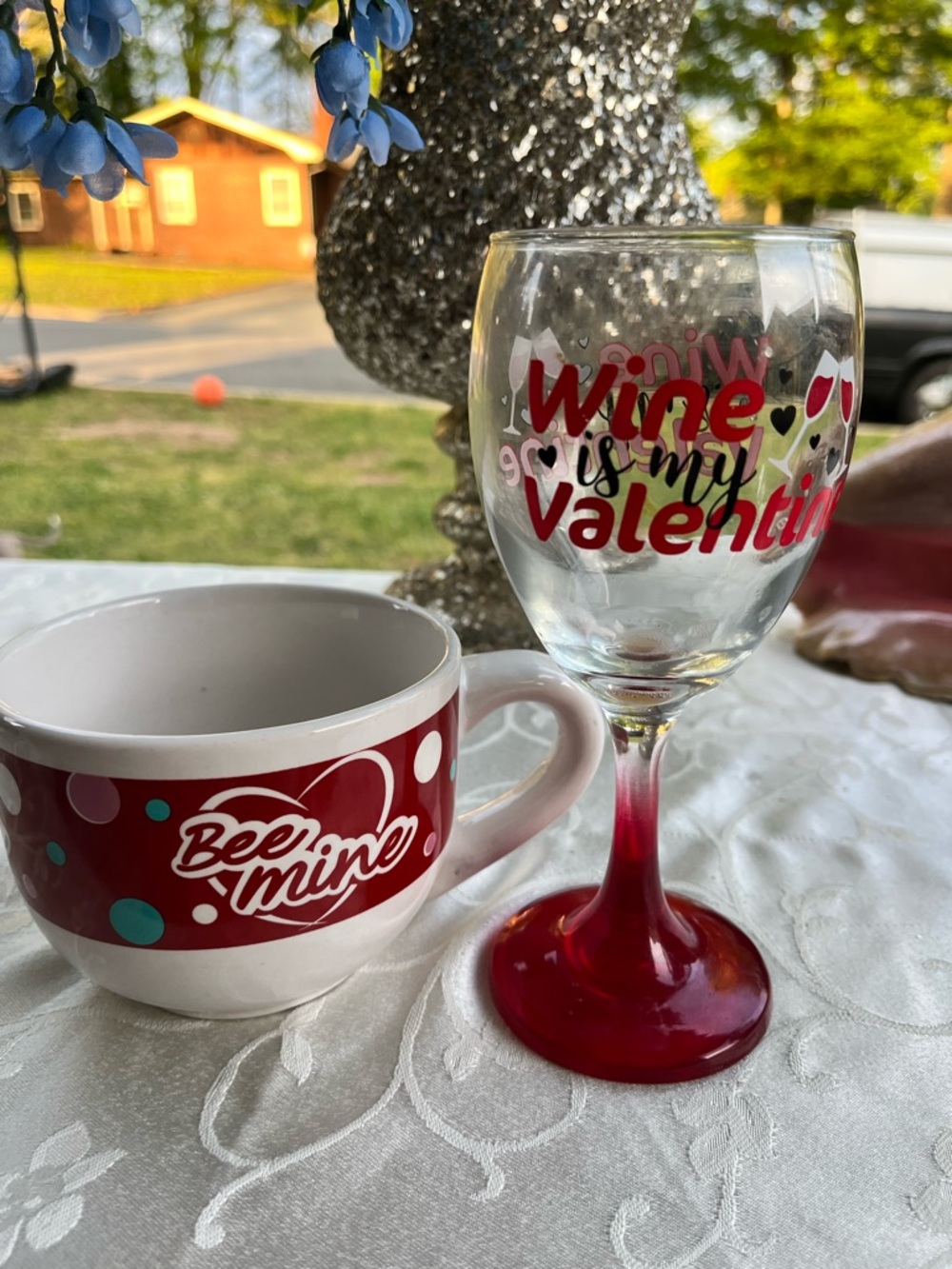 Red Stemmed Wine Glass with "Wine is my Valentine" Text